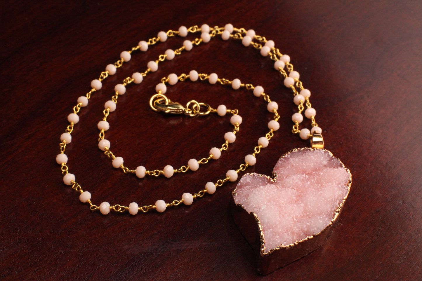 Pink Heart Druzy Geode Agate gold bezel with Peruvian Pink Opal rosary chain necklace. Natural gemstone handmade gift