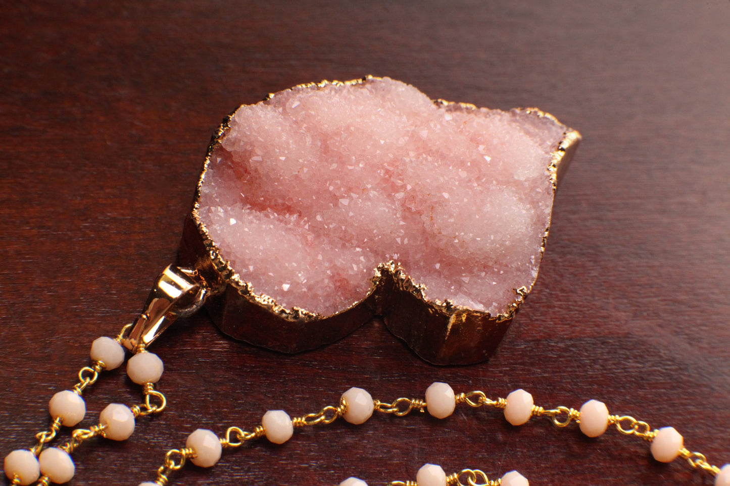 Pink Heart Druzy Geode Agate gold bezel with Peruvian Pink Opal rosary chain necklace. Natural gemstone handmade gift