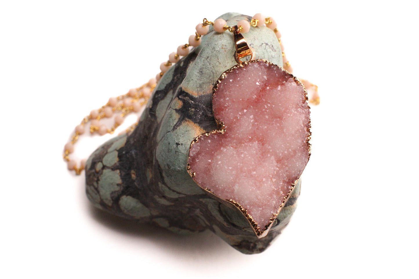 Pink Heart Druzy Geode Agate gold bezel with Peruvian Pink Opal rosary chain necklace. Natural gemstone handmade gift