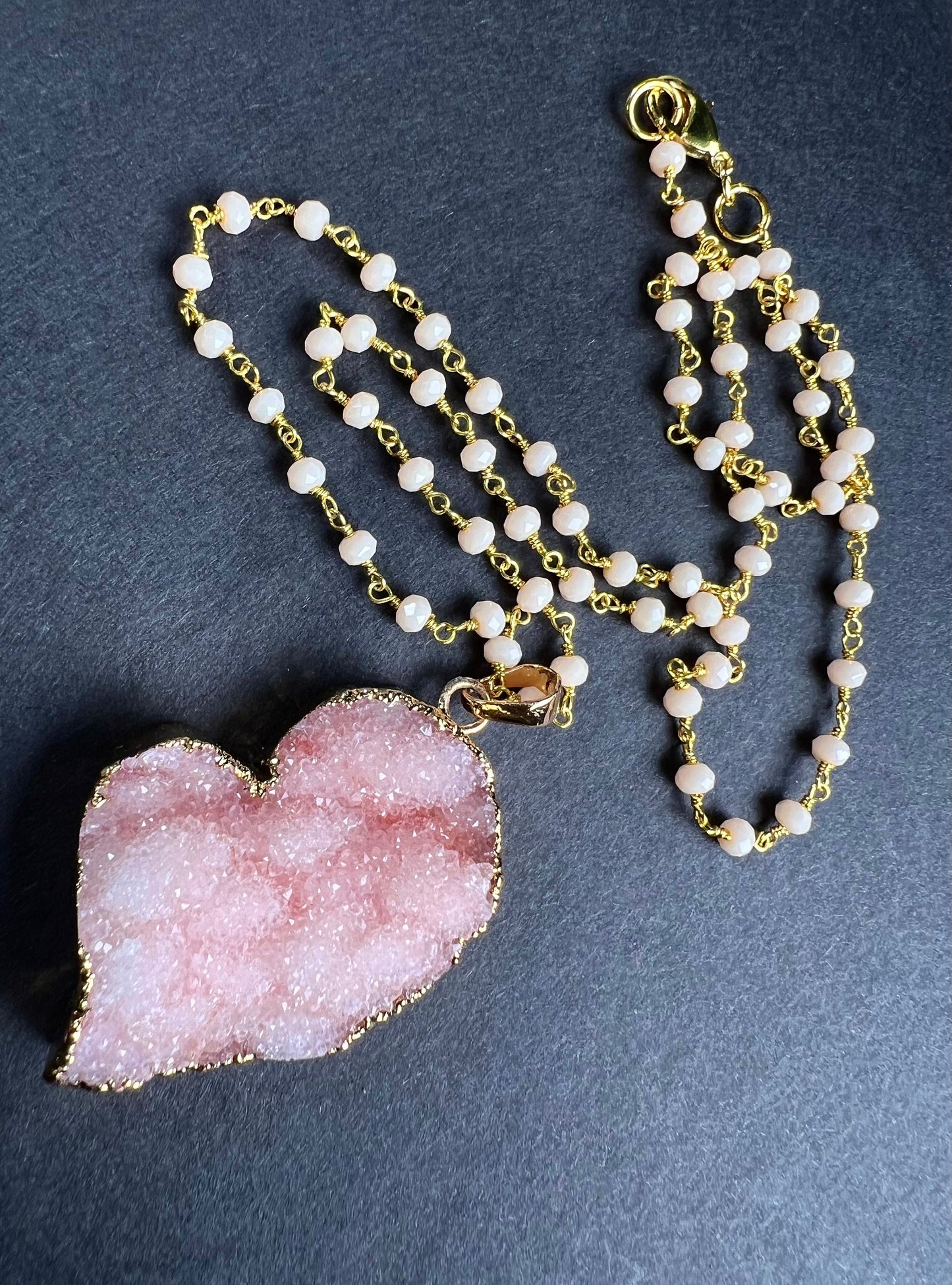 Pink Heart Druzy Geode Agate gold bezel with Peruvian Pink Opal rosary chain necklace. Natural gemstone handmade gift
