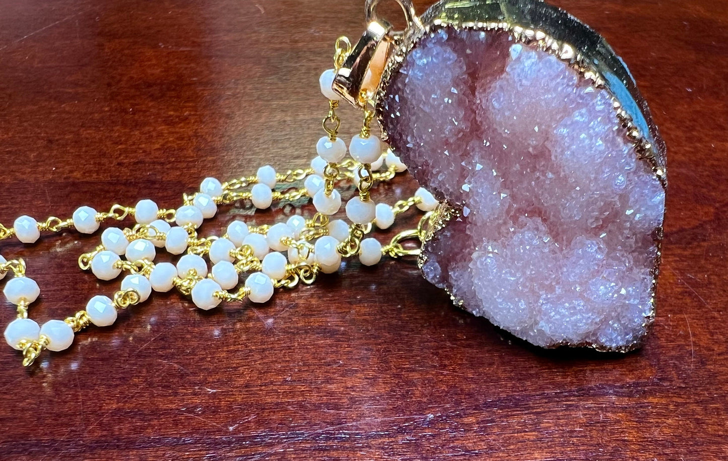 Pink Heart Druzy Geode Agate gold bezel with Peruvian Pink Opal rosary chain necklace. Natural gemstone handmade gift