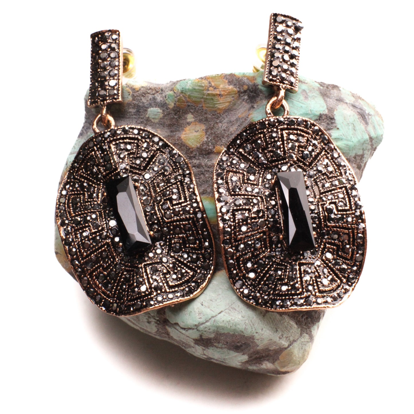 Antique Rose Gold Marcasite Style Crystal Earrings Post with Dangle Black Onyx Rectangle Shape Waved Oval Venetian Earrings, Gift for her