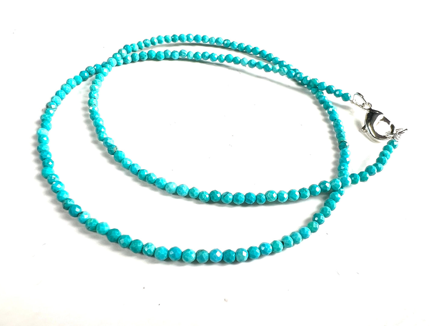 Natural Blue Turquoise Sleeping Beauty 2mm Faceted Round sterling Silver Clasp Dainty Choker Layering Elegant Necklace, December Birthstone