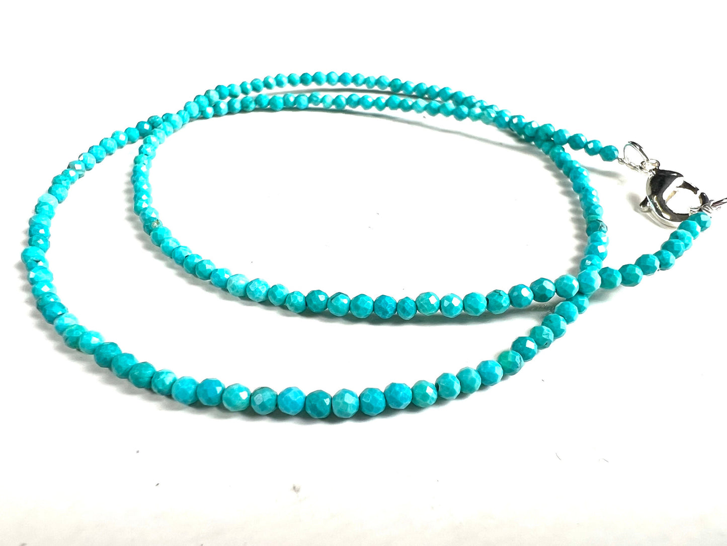 Natural Blue Turquoise Sleeping Beauty 2mm Faceted Round sterling Silver Clasp Dainty Choker Layering Elegant Necklace, December Birthstone