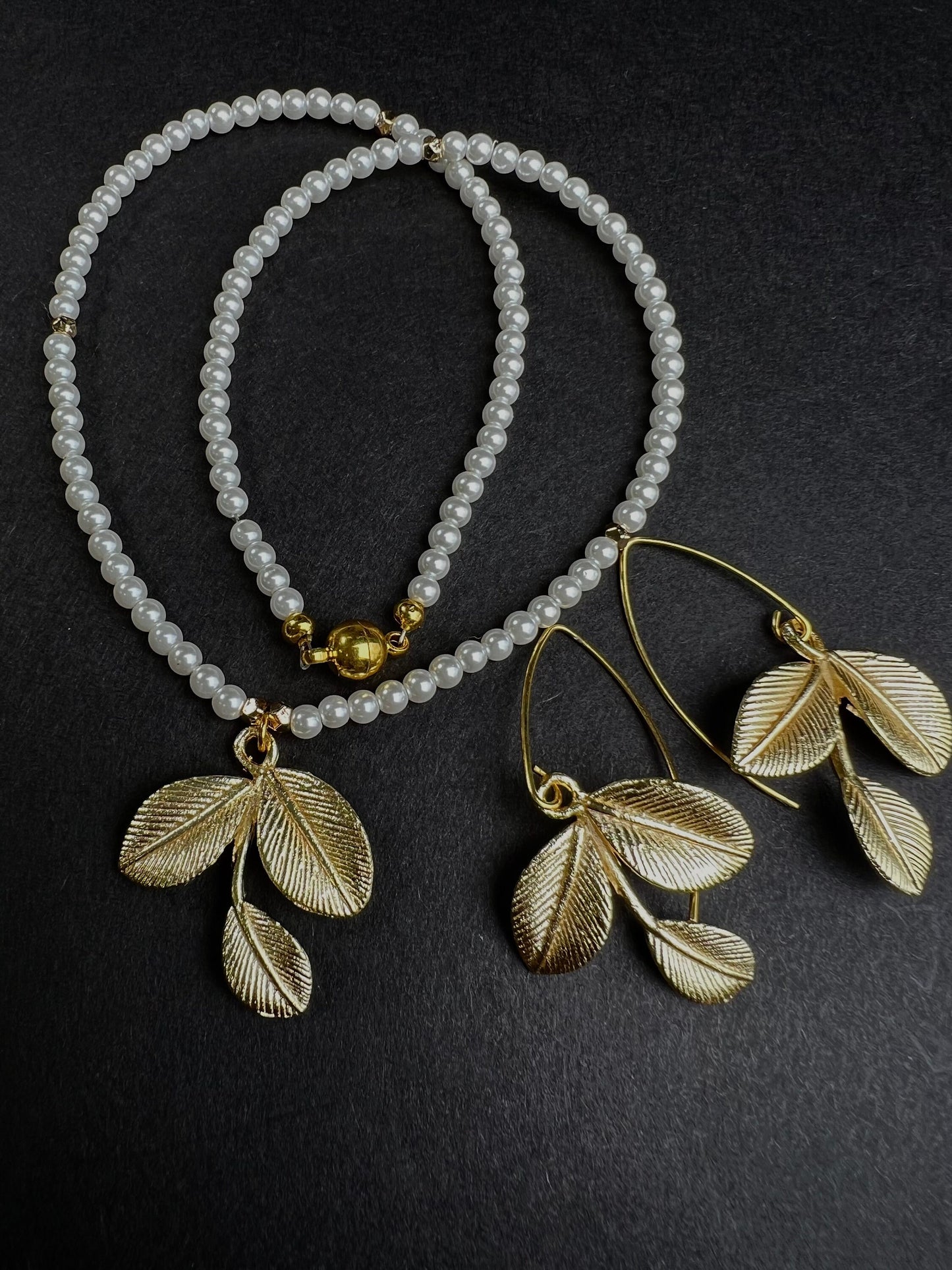 18k Gold Vermeil Bali Brush Gold Leaf Handmade Earring and pendant south seashell pearl necklace set, mag ball clasp . Gold gift