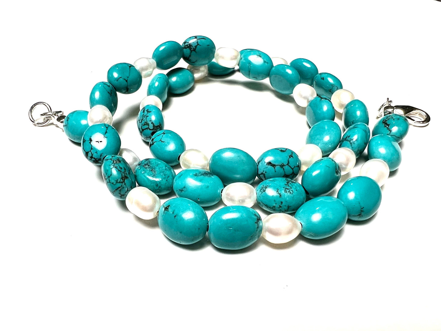 Arizona Blue Natural Turquoise Oval Nugget, Freshwater Pearl Pearl Spacer Silver Necklace
