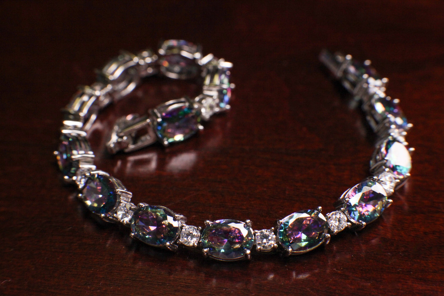Mystic Topaz Oval shape 6x8mm Prong CZ Diamond 925 Sterling Silver Tennis Bracelet 6.5" November birthstone, holiday best gift 925 stamped