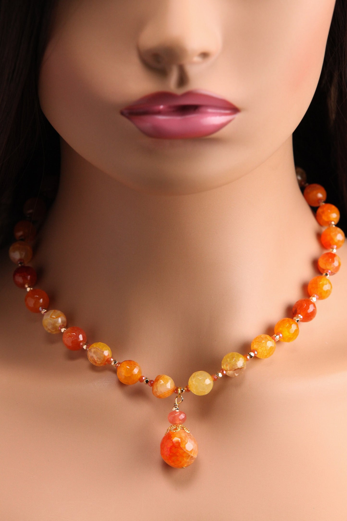 Orange Fire Agate 10mm Round Bead with 16mm Pendant Drop Gemstones Necklace