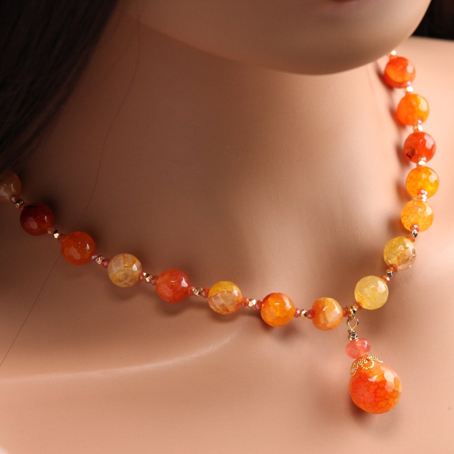 Orange Fire Agate 10mm Round Bead with 16mm Pendant Drop Gemstones Necklace