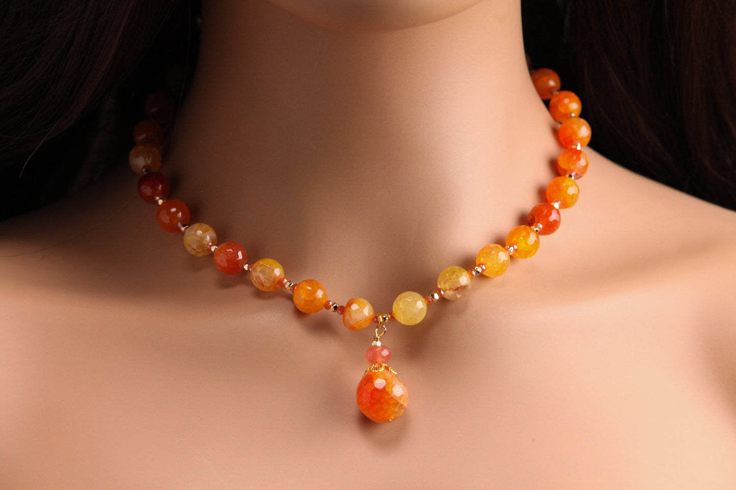 Orange Fire Agate 10mm Round Bead with 16mm Pendant Drop Gemstones Necklace