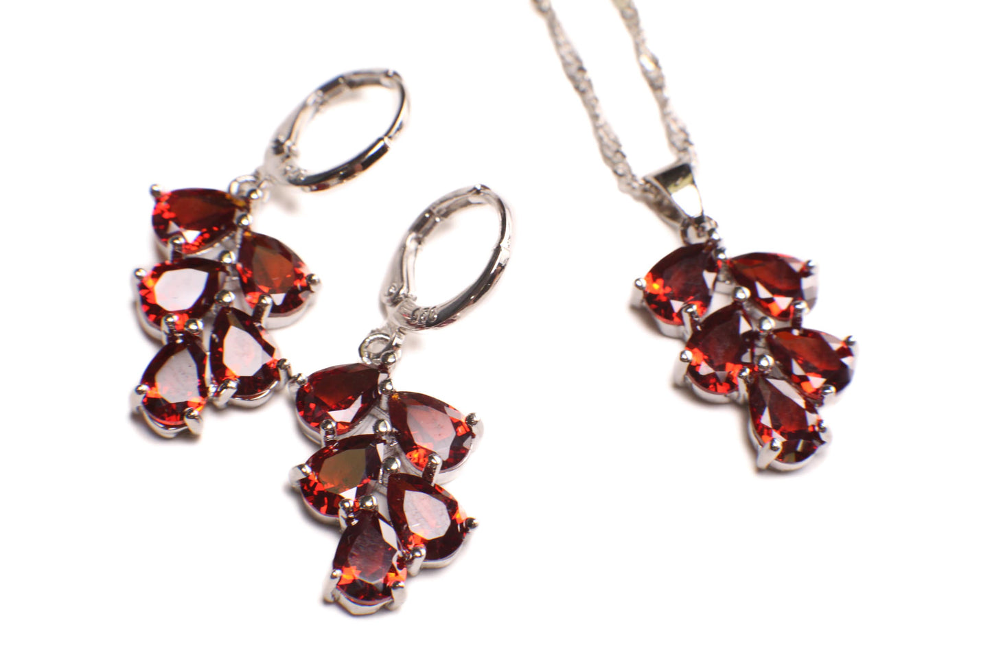Genuine Mozambique Garnet Teardrop Dangling 925 Sterling Silver Earrings and Pendant Necklace set, 925 Stamped, Boho,Valentines Holiday Gift