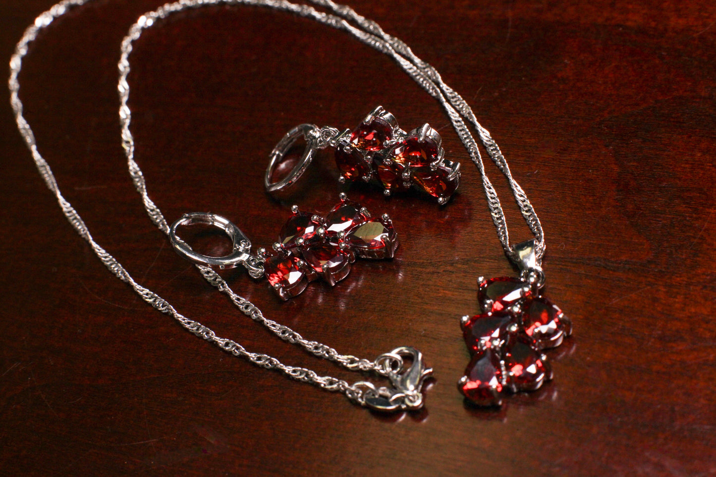 Genuine Mozambique Garnet Teardrop Dangling 925 Sterling Silver Earrings and Pendant Necklace set, 925 Stamped, Boho,Valentines Holiday Gift