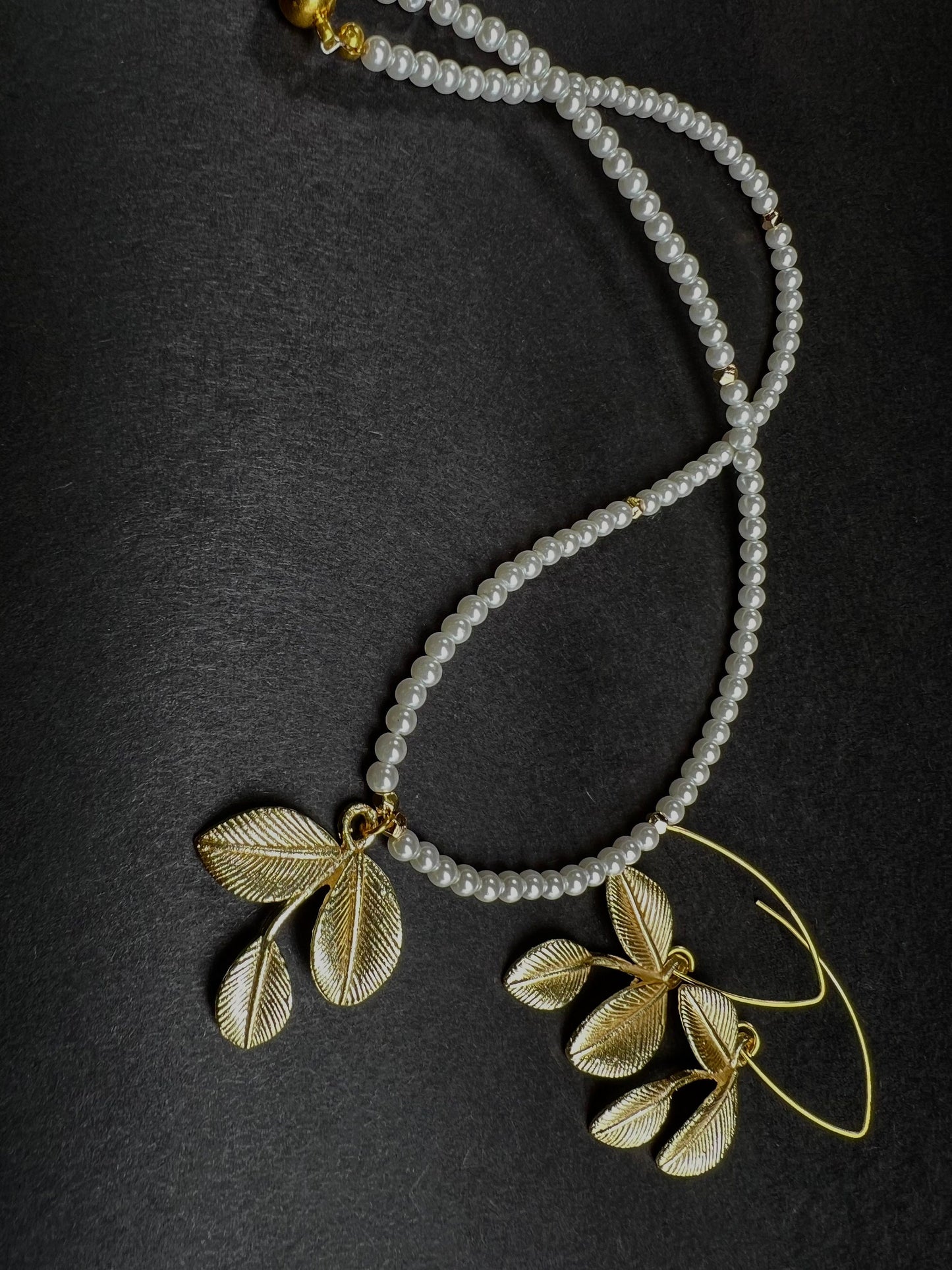 18k Gold Vermeil Bali Brush Gold Leaf Handmade Earring and pendant south seashell pearl necklace set, mag ball clasp . Gold gift