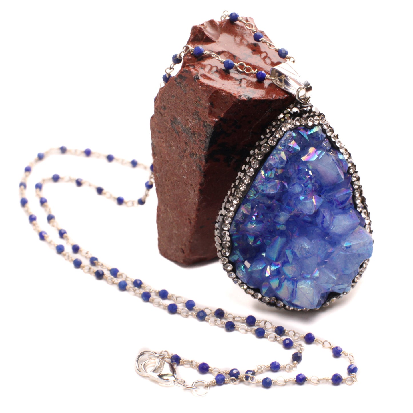 Natural Druzy Agate Auroa Borealis Blue Geode Pendant 36x48mm Handmade Rhinestone and Lapis Gemstone Chain Oxidized Sterling Silver Necklace