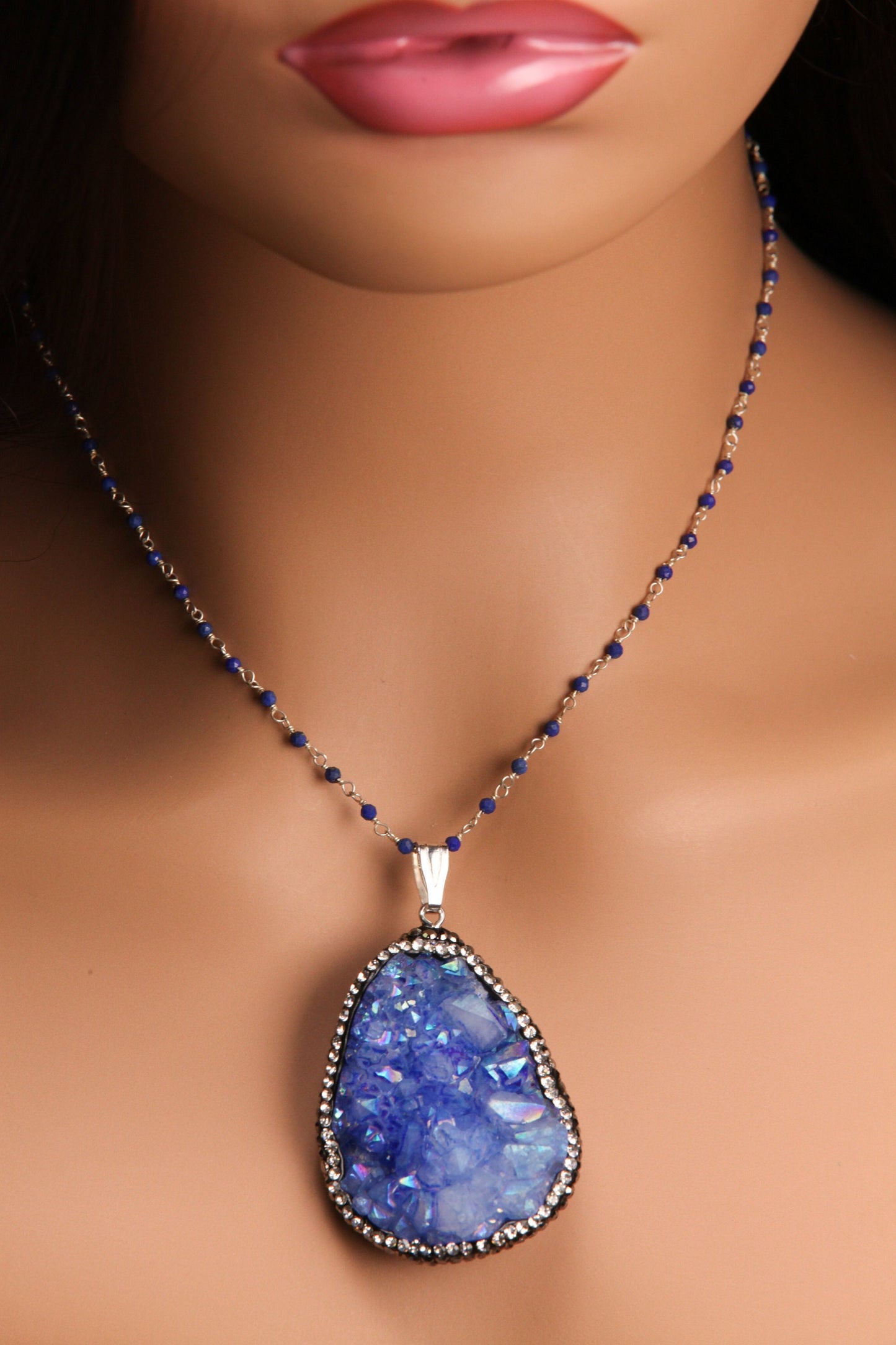 Natural Druzy Agate Auroa Borealis Blue Geode Pendant 36x48mm Handmade Rhinestone and Lapis Gemstone Chain Oxidized Sterling Silver Necklace