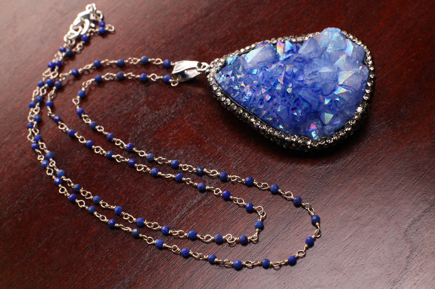 Natural Druzy Agate Auroa Borealis Blue Geode Pendant 36x48mm Handmade Rhinestone and Lapis Gemstone Chain Oxidized Sterling Silver Necklace