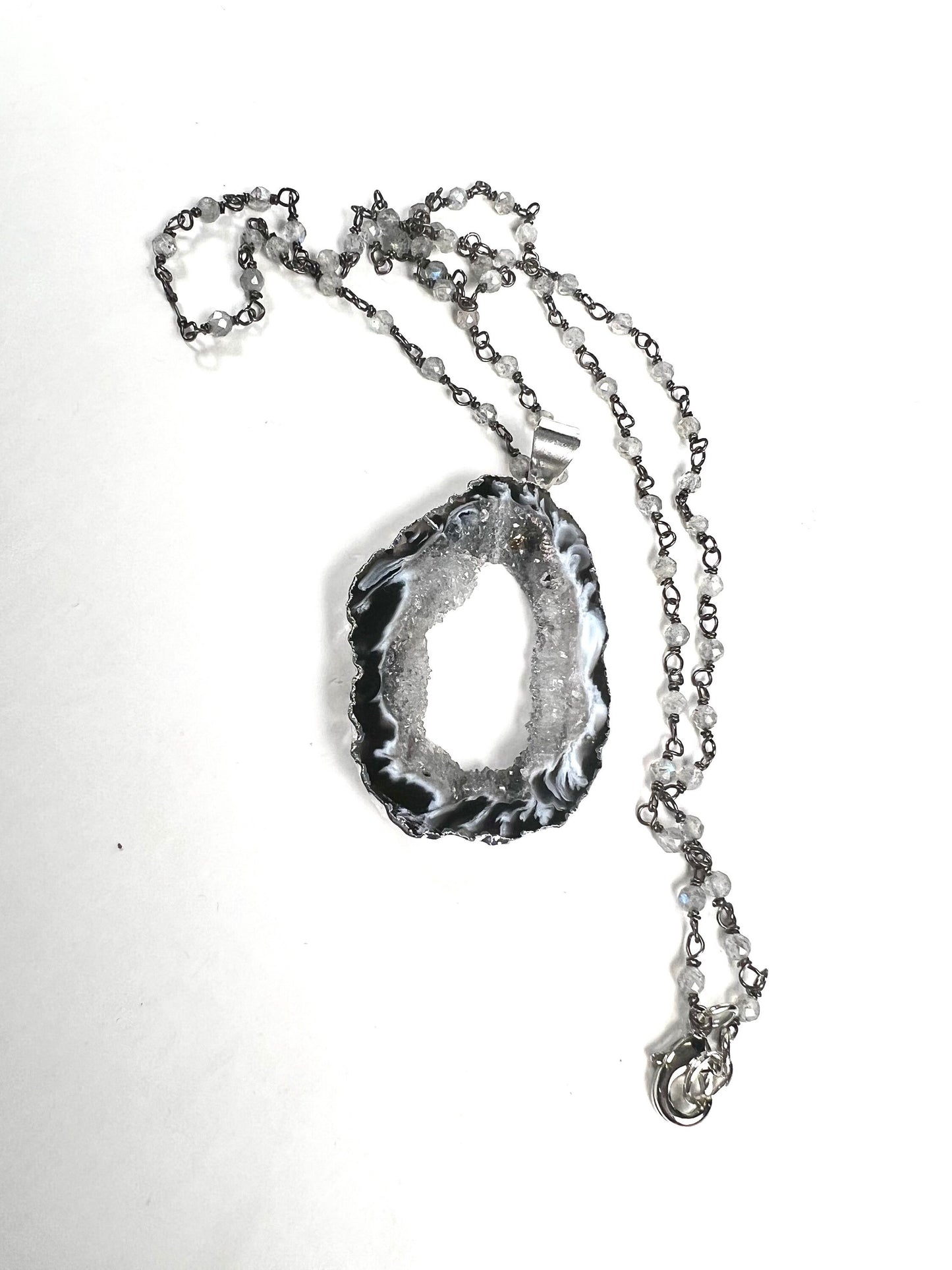 Botswana Agate Druzy Geode Pendant Necklace, Silver Labradorite Rosary Chain