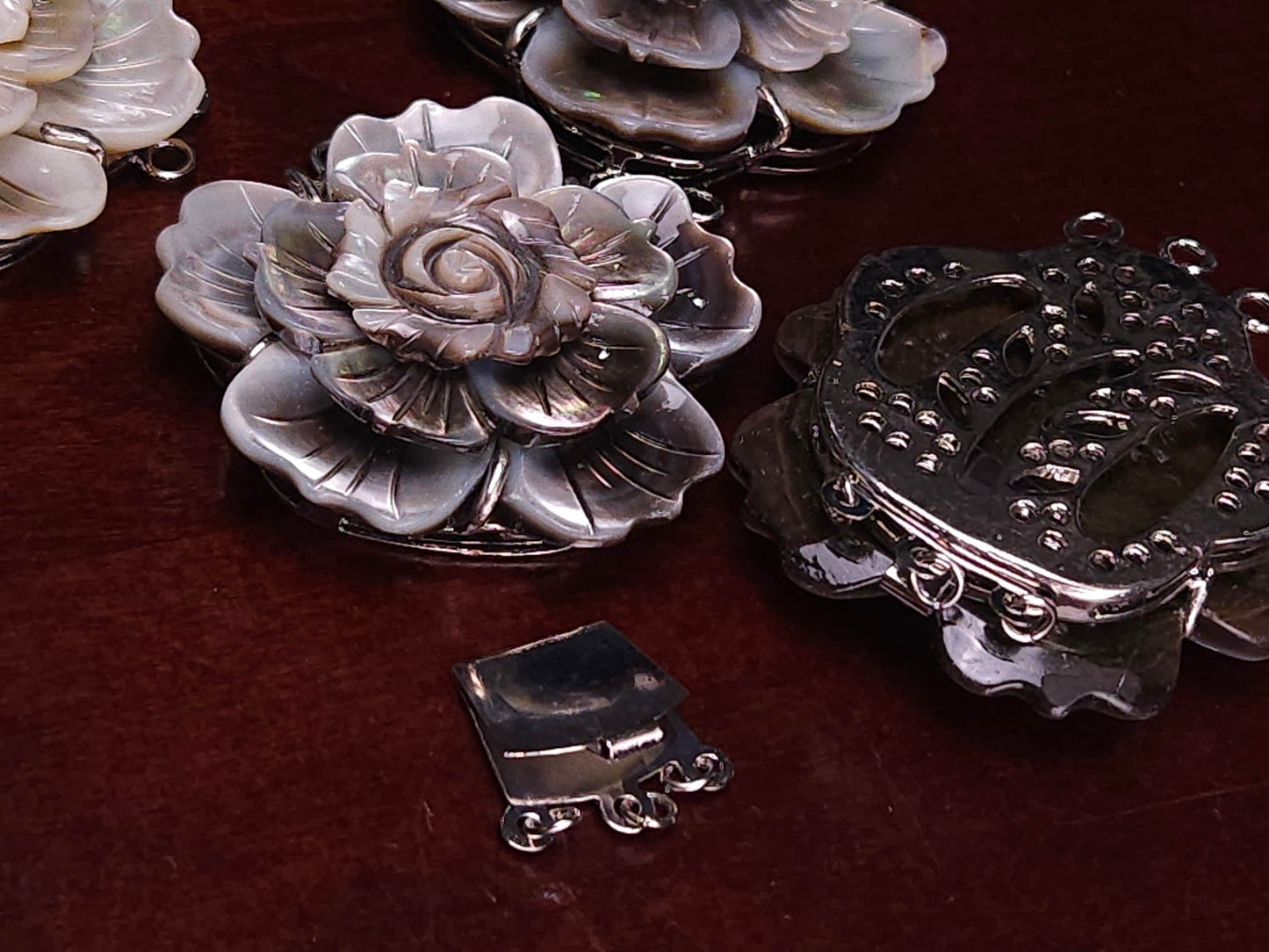 Hand Carved Black Lip Mother of Pearl Clasp, MOP 3 Loop Fancy Flower 43mm Large Clasp, Jewelry Making Rhodium 3 line vintage Clasp