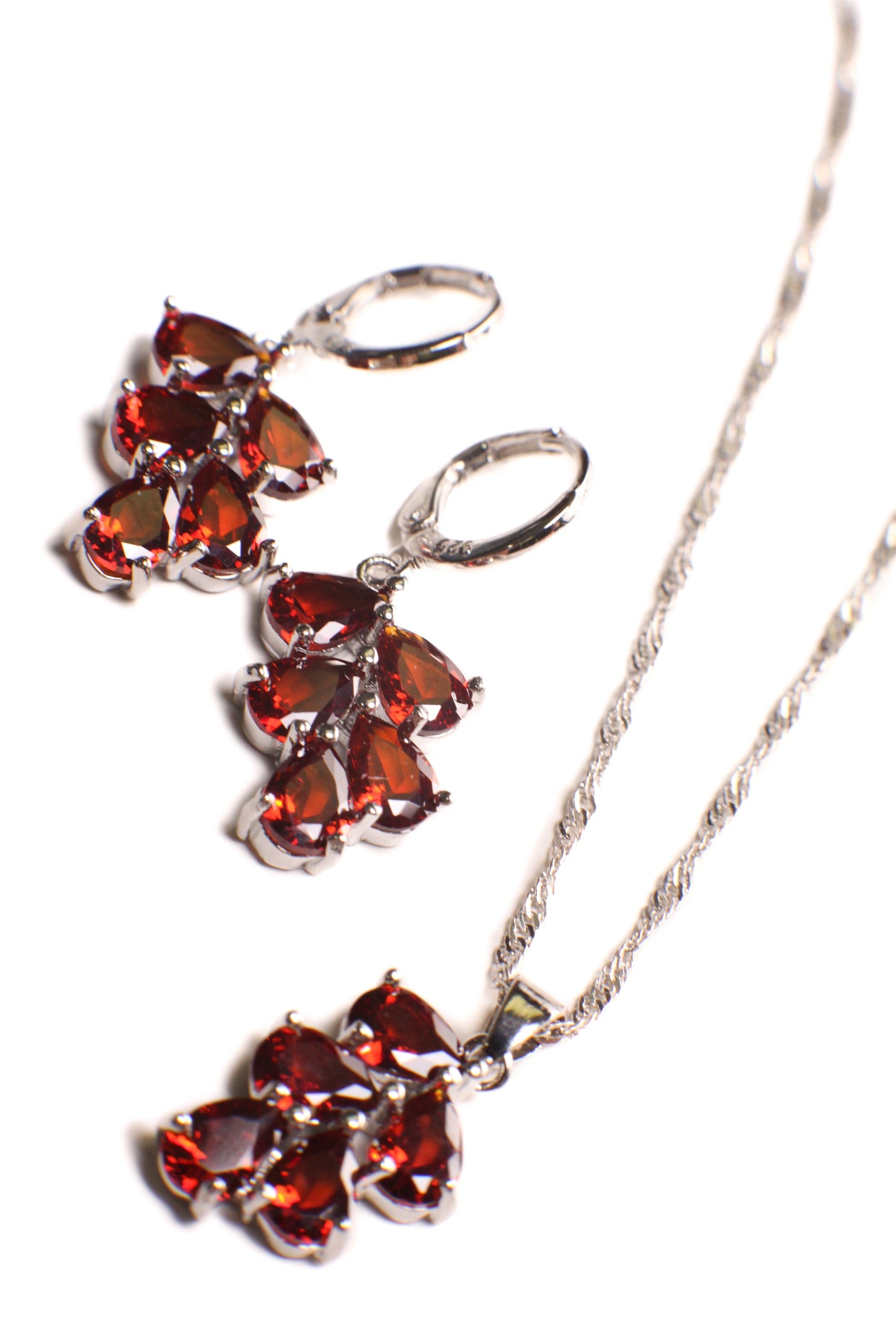Genuine Mozambique Garnet Teardrop Dangling 925 Sterling Silver Earrings and Pendant Necklace set, 925 Stamped, Boho,Valentines Holiday Gift