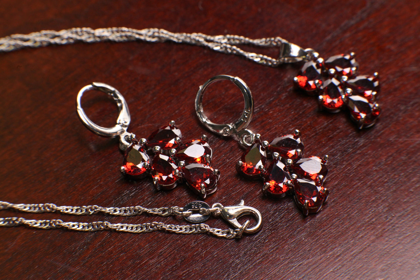 Genuine Mozambique Garnet Teardrop Dangling 925 Sterling Silver Earrings and Pendant Necklace set, 925 Stamped, Boho,Valentines Holiday Gift
