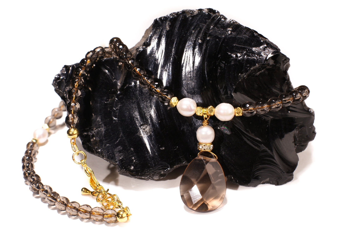 Genuine Smokey Quartz Faceted Pear Drop 18x25mm Pendant, Freshwater 7mm Pearl, Smokey Qz 6mm faceted bead, 19" Necklace with 1.5" Extension