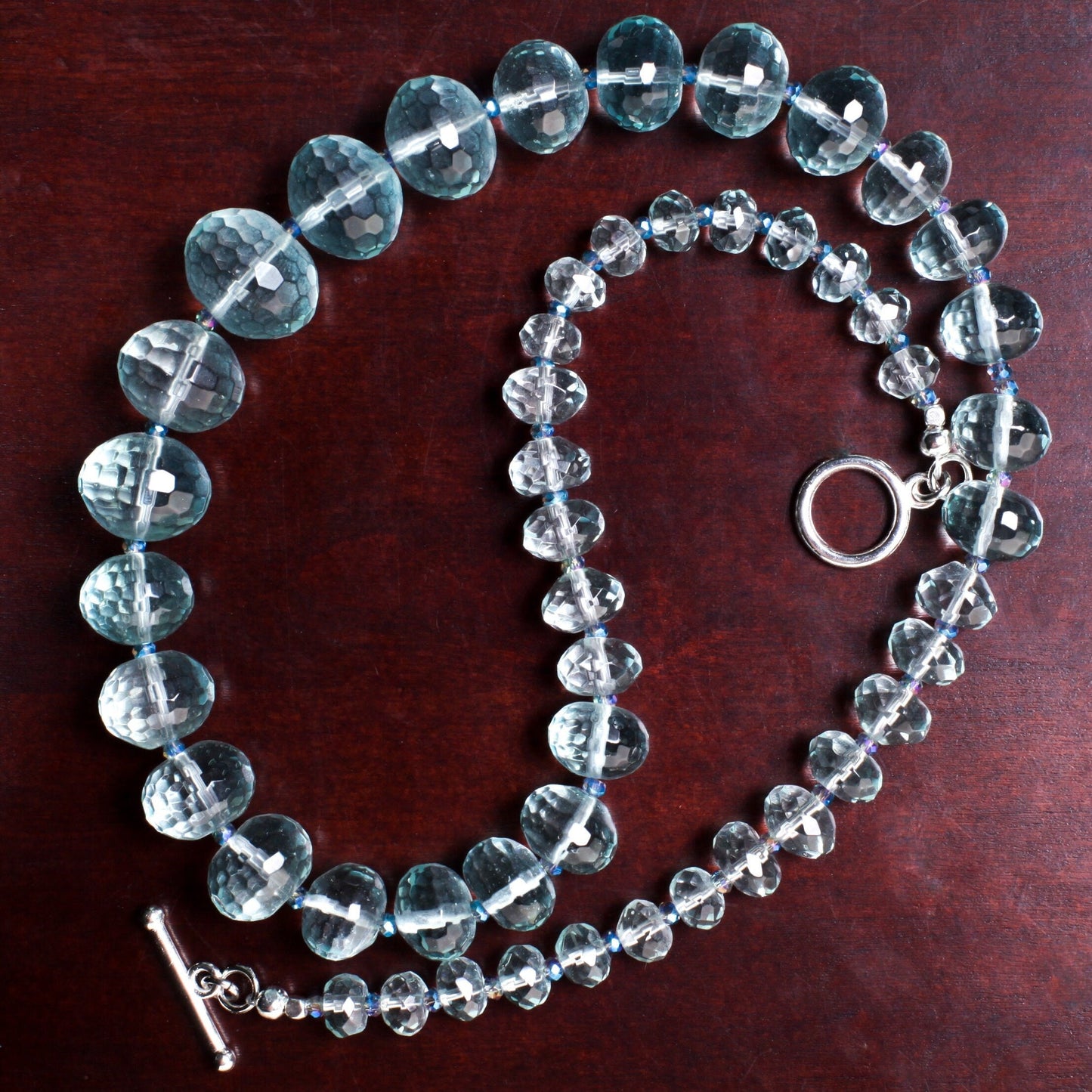 Aqua Quartz Faceted Graduated Rondelle 20.5" Necklace, silver Toggle Clasp, Gift for her