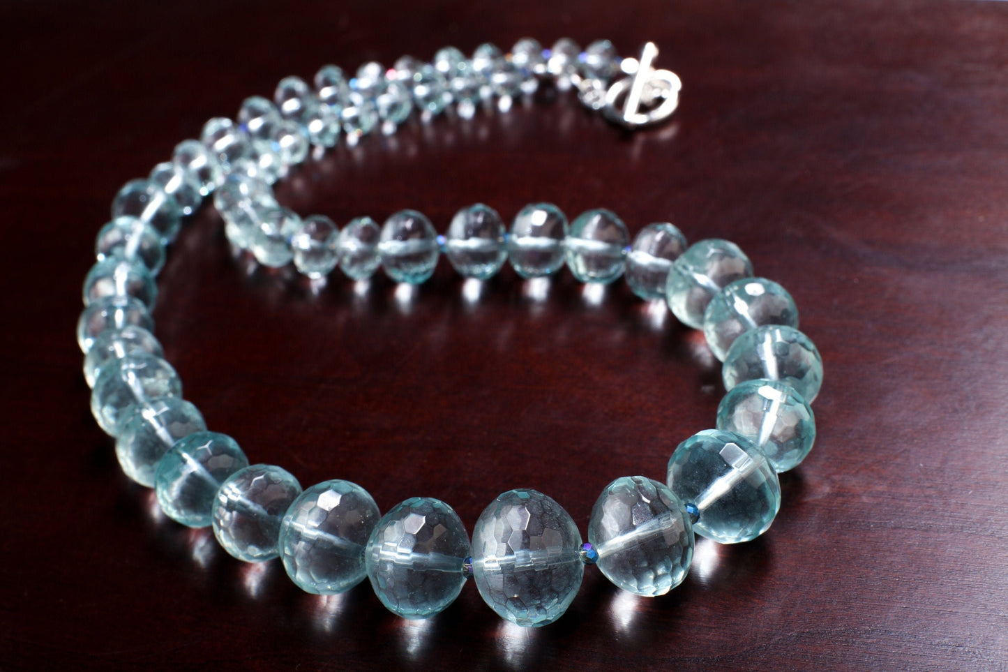 Aqua Quartz Faceted Graduated Rondelle 20.5" Necklace, silver Toggle Clasp, Gift for her