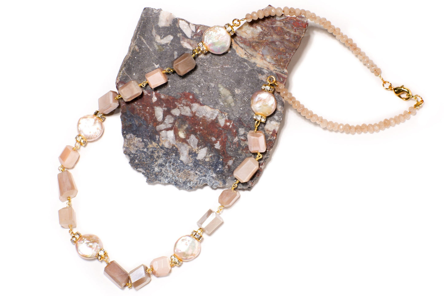 8x10mm Faceted Peach Moonstone Nugget Wire Wrapped with 12mm Freshwater Pearl Coin shape Necklace 20"
