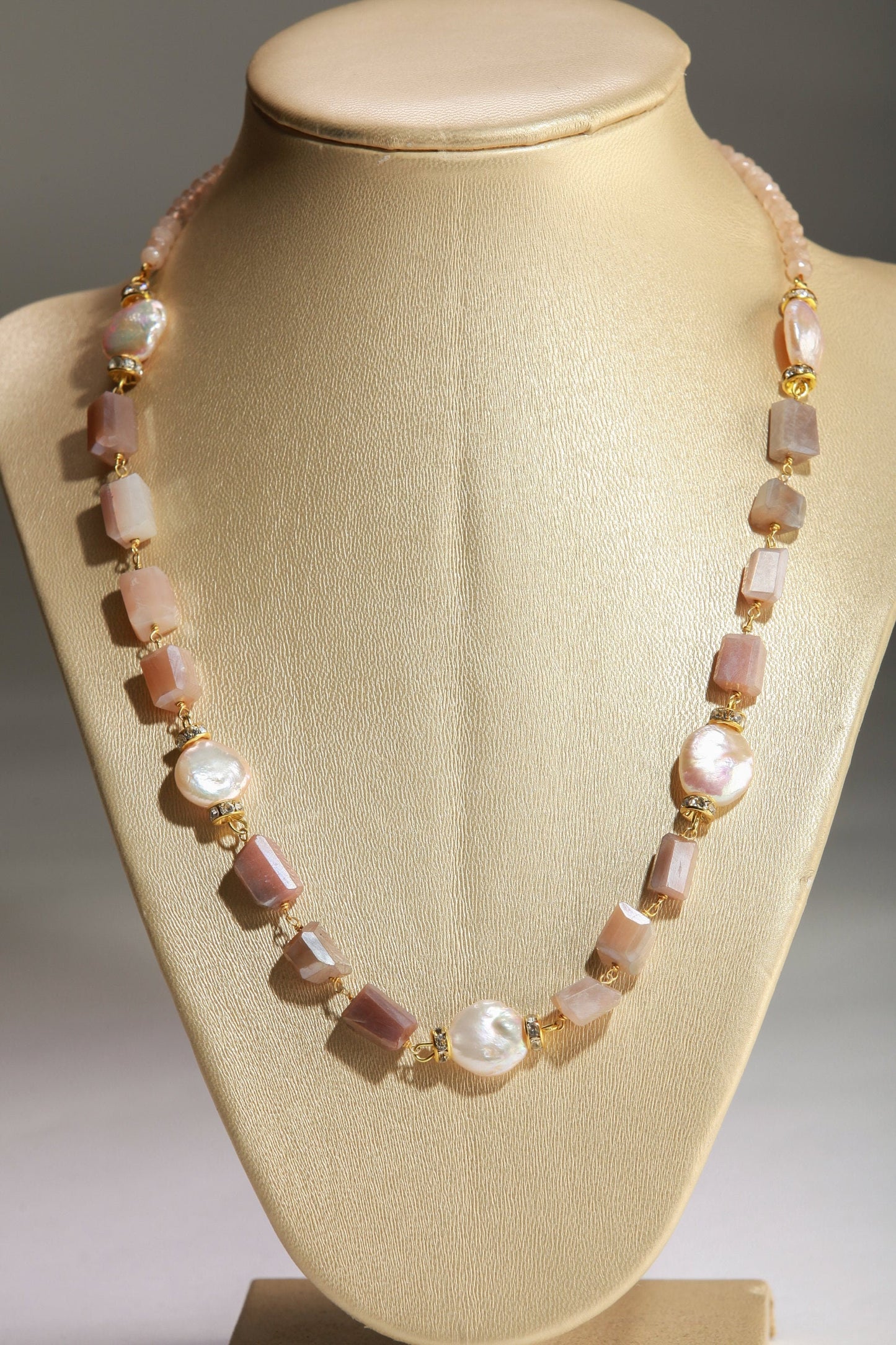 8x10mm Faceted Peach Moonstone Nugget Wire Wrapped with 12mm Freshwater Pearl Coin shape Necklace 20"