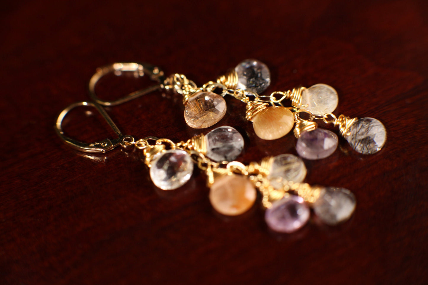 Genuine Multi Gold Rutilated Quartz Faceted 8mm Heart Pear Drop Cascade Dangling Wire Wrap Handmade 14K Gold Filled Earring