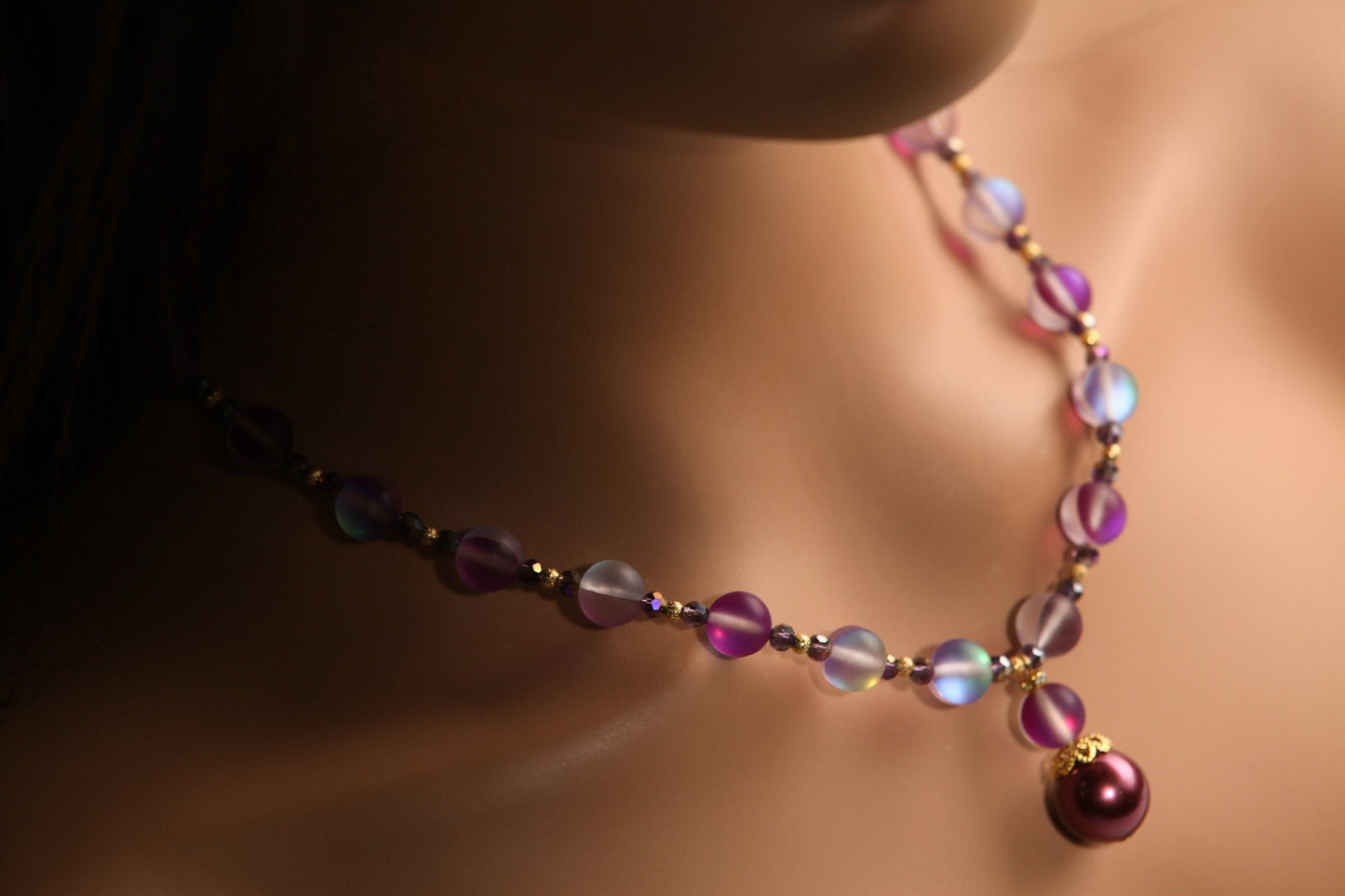 Matte Purple Sea Glass 10mm, South Sea Seashell Pearl, Matching Earrings Jewelry Set. 14mm Pearl Centerpiece 18" Necklace 2" Extension Chain