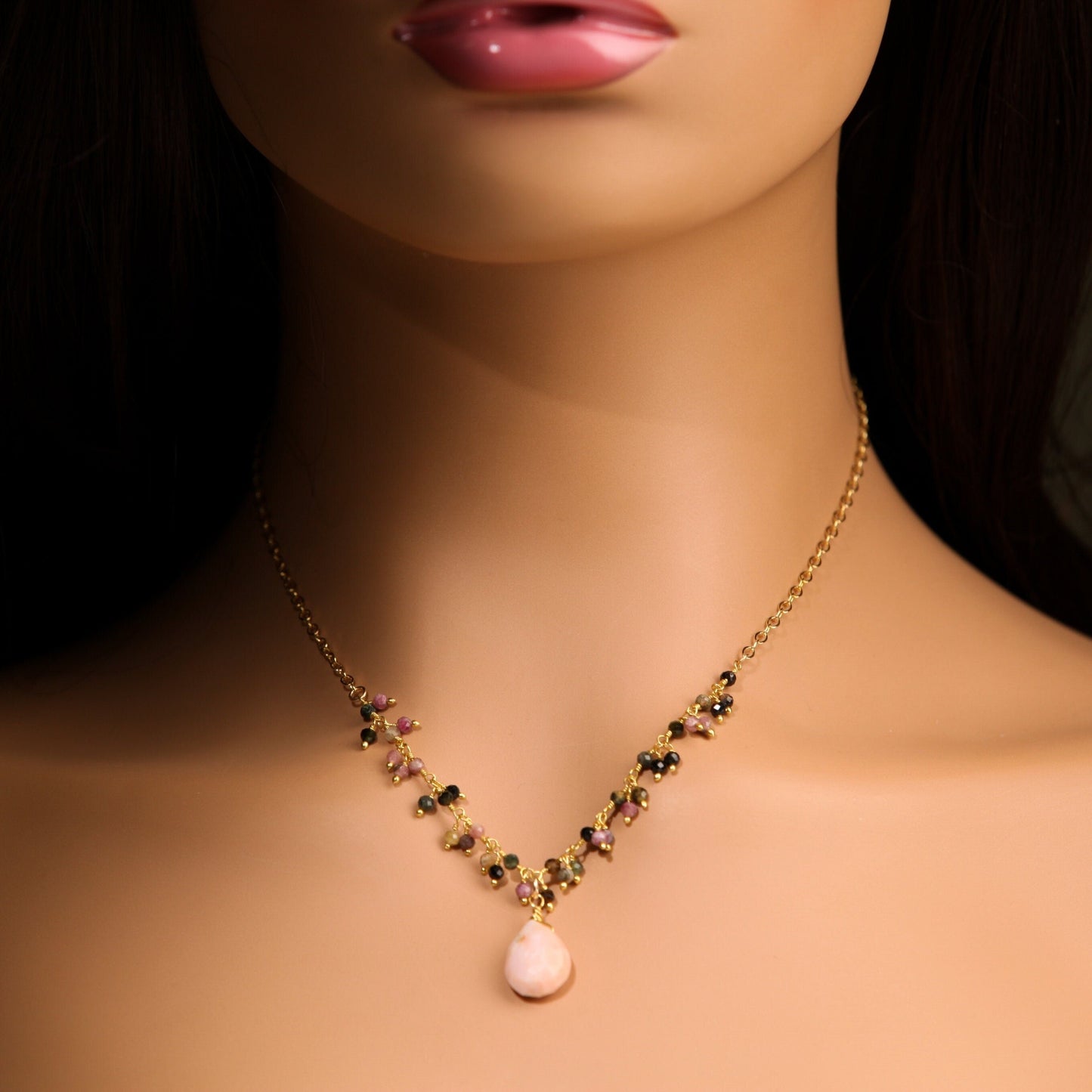 Pink Peruvian Wire Wrapped Opal Teardrop 10x14mm 14K Gold Filled Chain, Watermelon Tourmaline Cluster Chain 16" Necklace