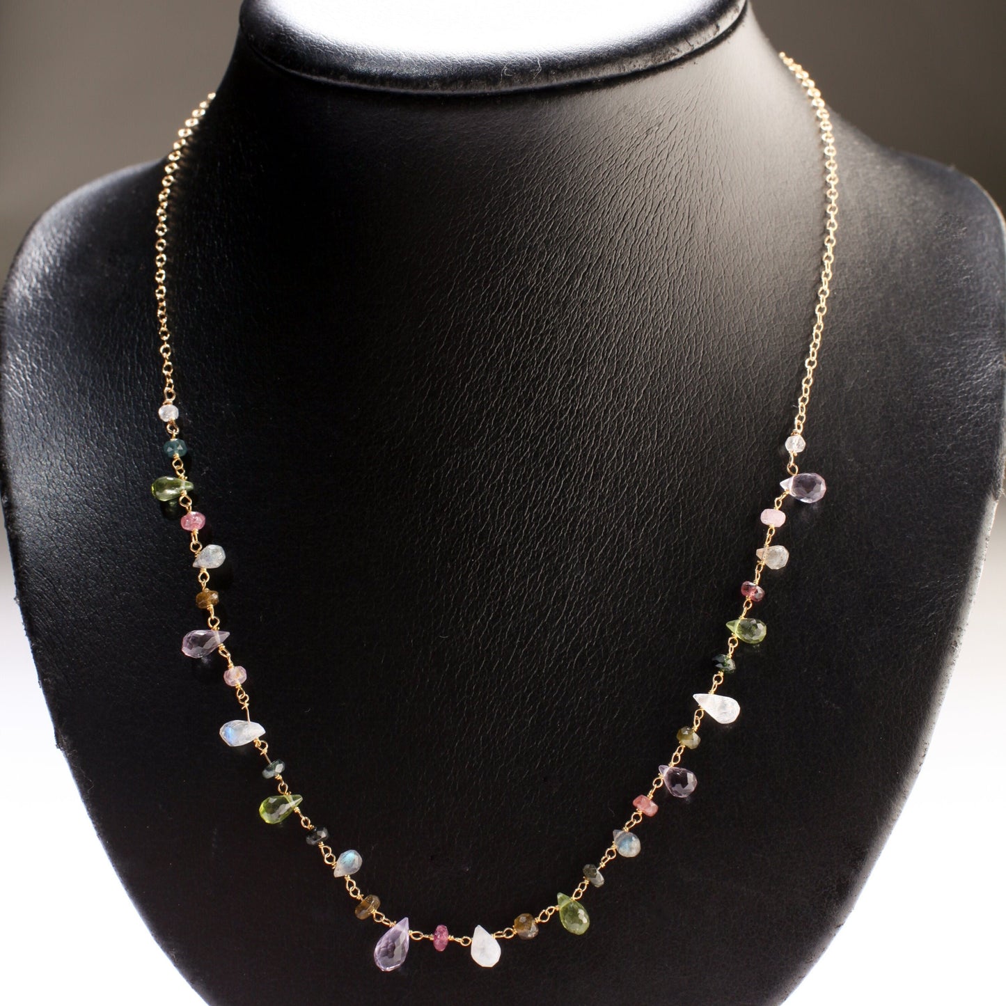 Multi Gemstones Necklace Wire Wrapped Faceted Peridot, Moonstone Briolette Drop 4x6-5x9mm,Rondelle in 14K Gold Filled Chain & Clasp Necklace