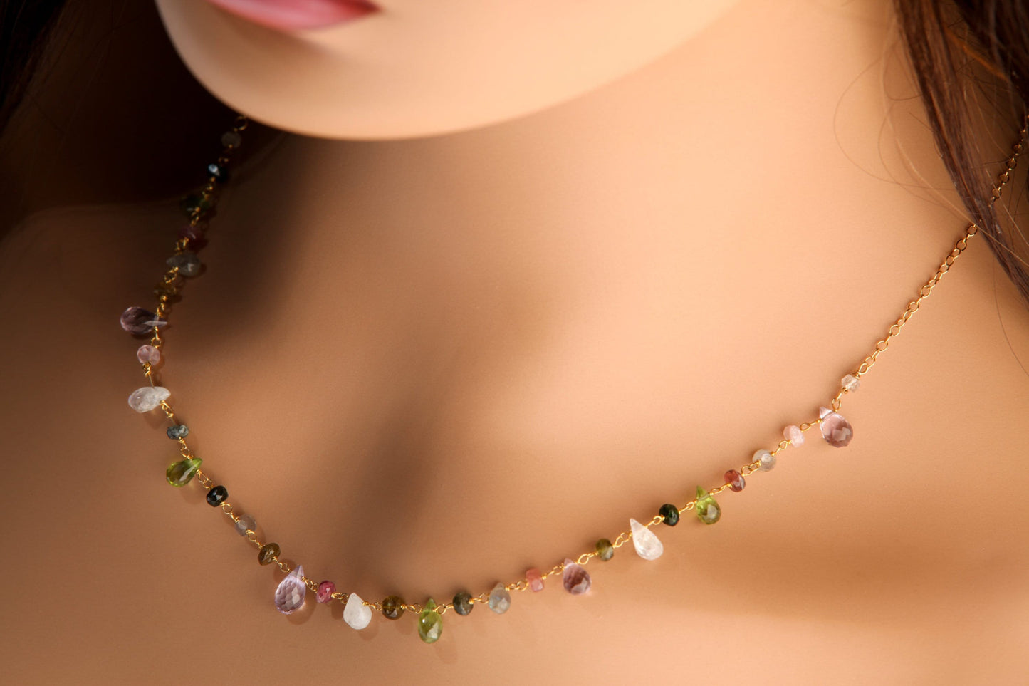 Multi Gemstones Necklace Wire Wrapped Faceted Peridot, Moonstone Briolette Drop 4x6-5x9mm,Rondelle in 14K Gold Filled Chain & Clasp Necklace