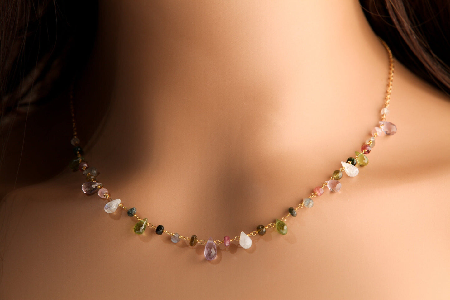 Multi Gemstones Necklace Wire Wrapped Faceted Peridot, Moonstone Briolette Drop 4x6-5x9mm,Rondelle in 14K Gold Filled Chain & Clasp Necklace