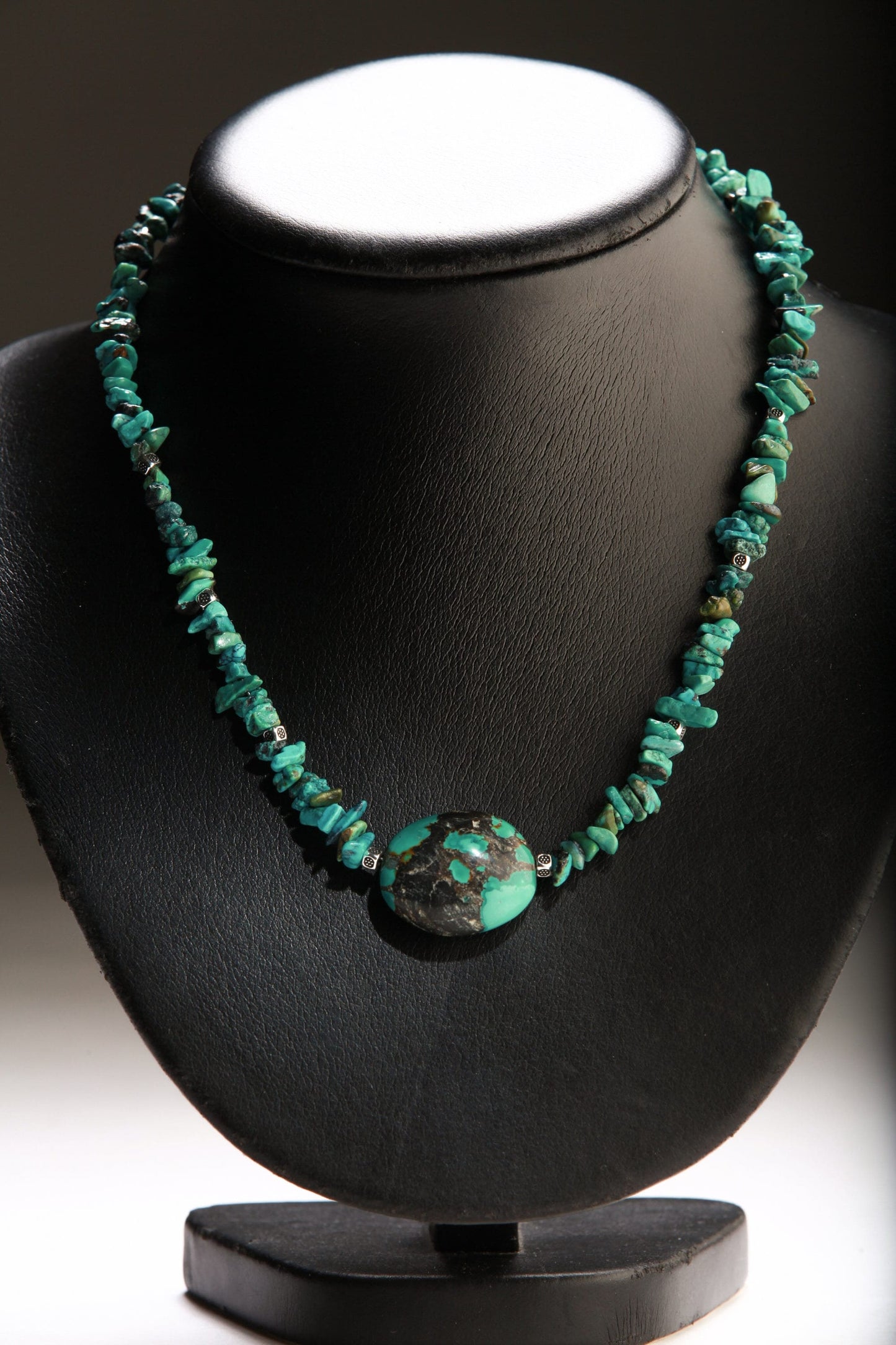 Turquoise Pendant Necklace, Natural Tibetan Turquoise Necklace with Finest Spiderweb Oval Pebble Pendant 17" Necklace, Extend up to 3"