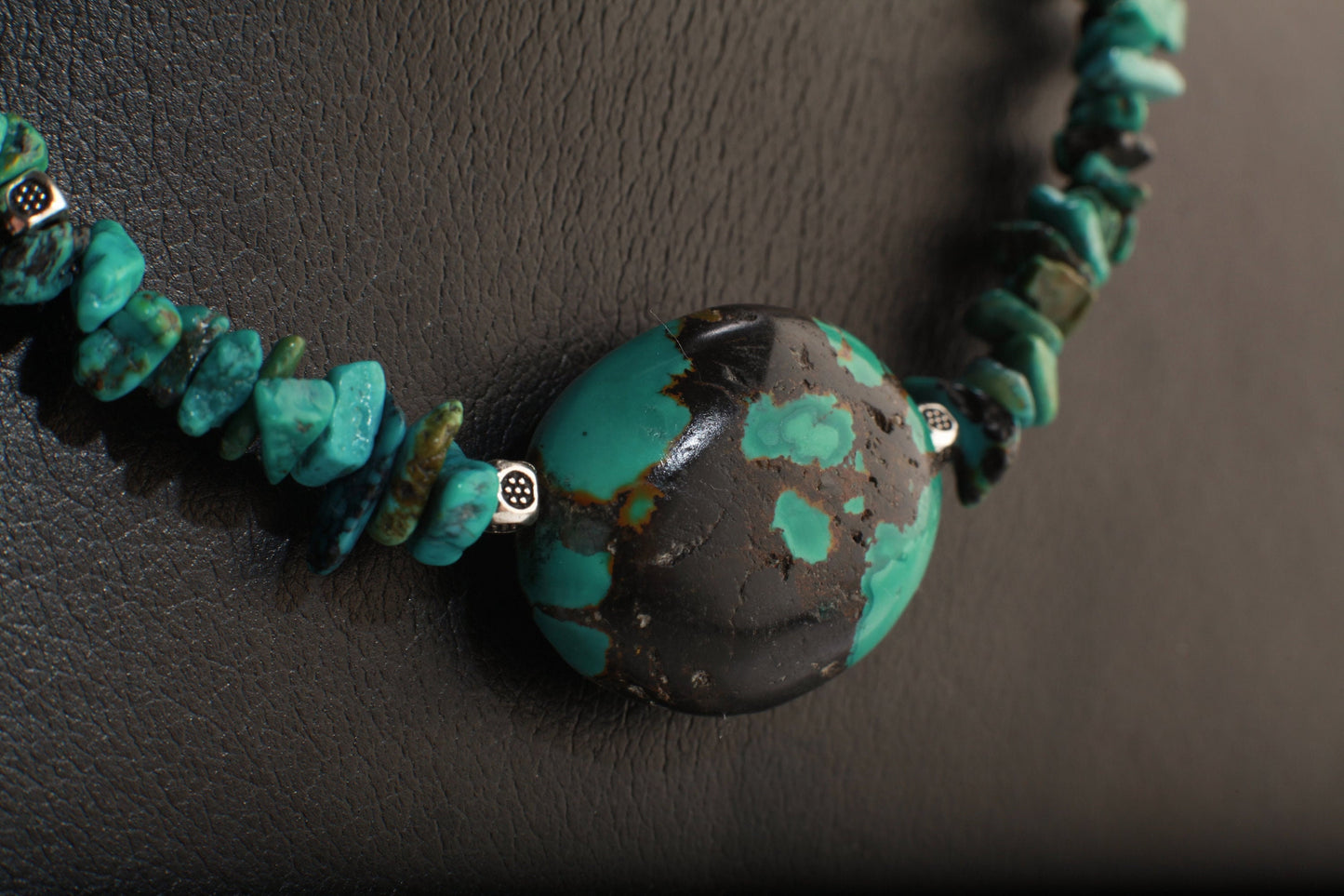 Turquoise Pendant Necklace, Natural Tibetan Turquoise Necklace with Finest Spiderweb Oval Pebble Pendant 17" Necklace, Extend up to 3"