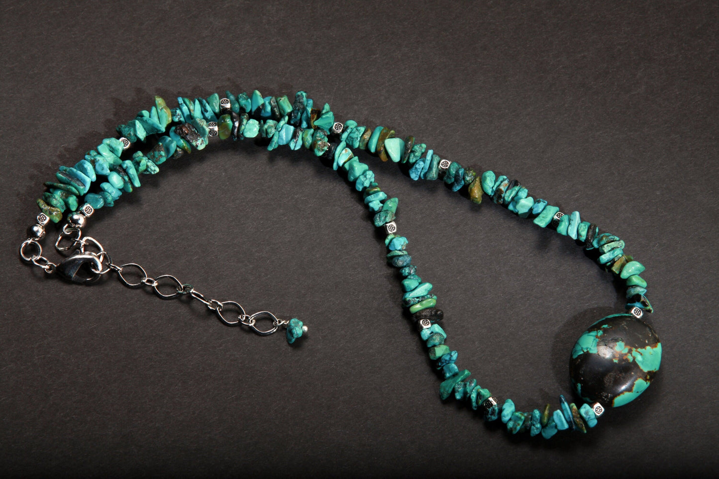 Turquoise Pendant Necklace, Natural Tibetan Turquoise Necklace with Finest Spiderweb Oval Pebble Pendant 17" Necklace, Extend up to 3"