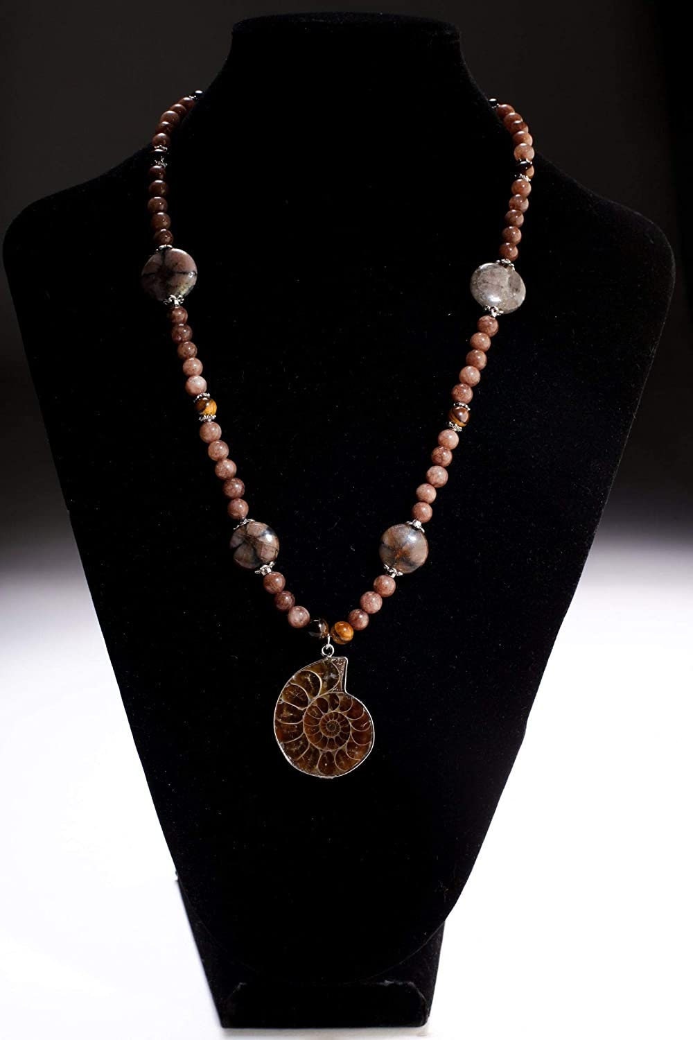 Ammonite Fossil Bezel Pendant Necklace Chiastolite Bead Spacers, Tiger Eye, Brown Jasper Round Bali Style Toggle Clasp 20" vintage Necklace