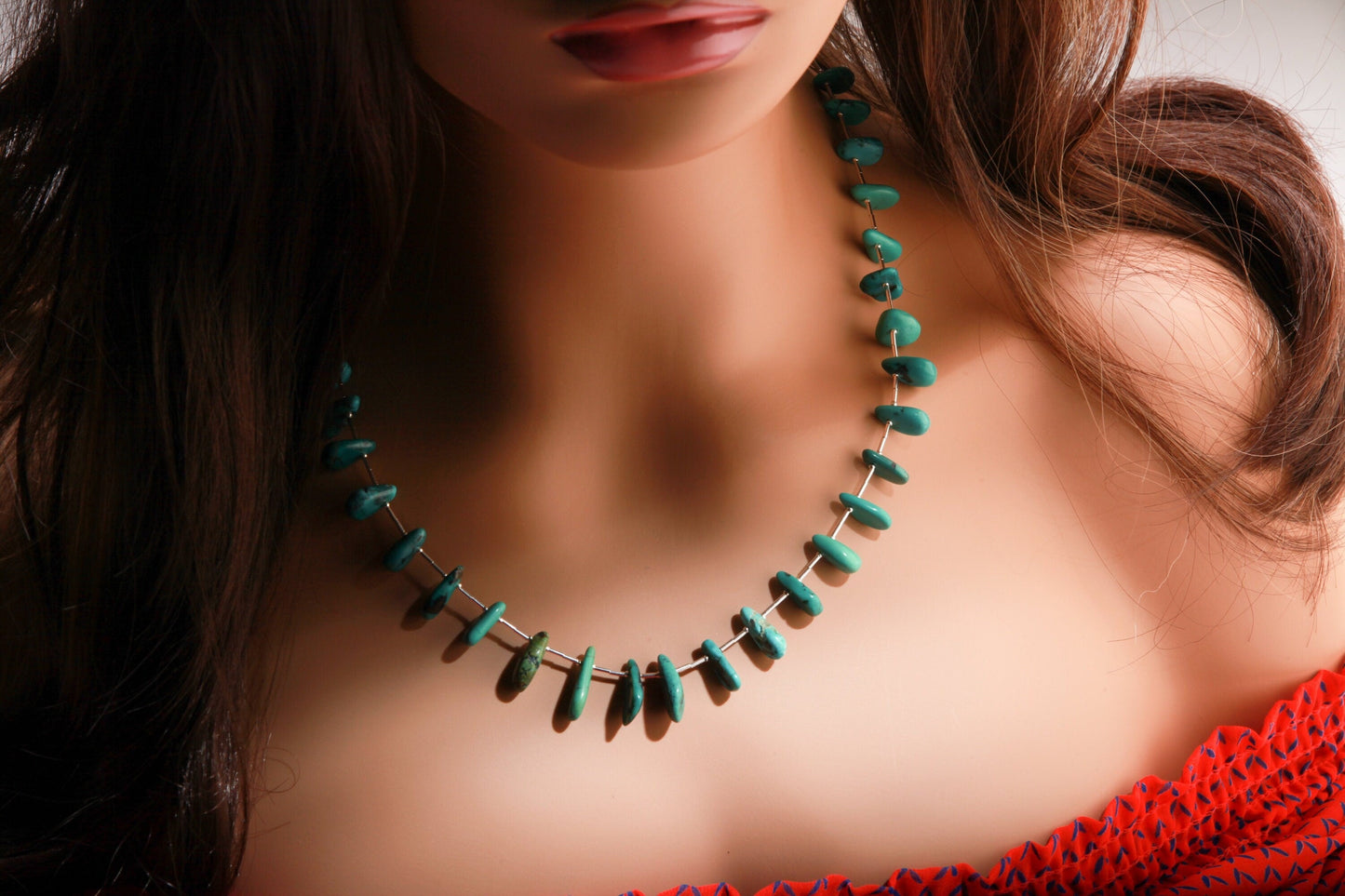 Natural Tibetan Turquoise Teardrop Necklace with 925 Sterling Silver Clasp and Liquid Silver 21" Navajo Fetish Necklace