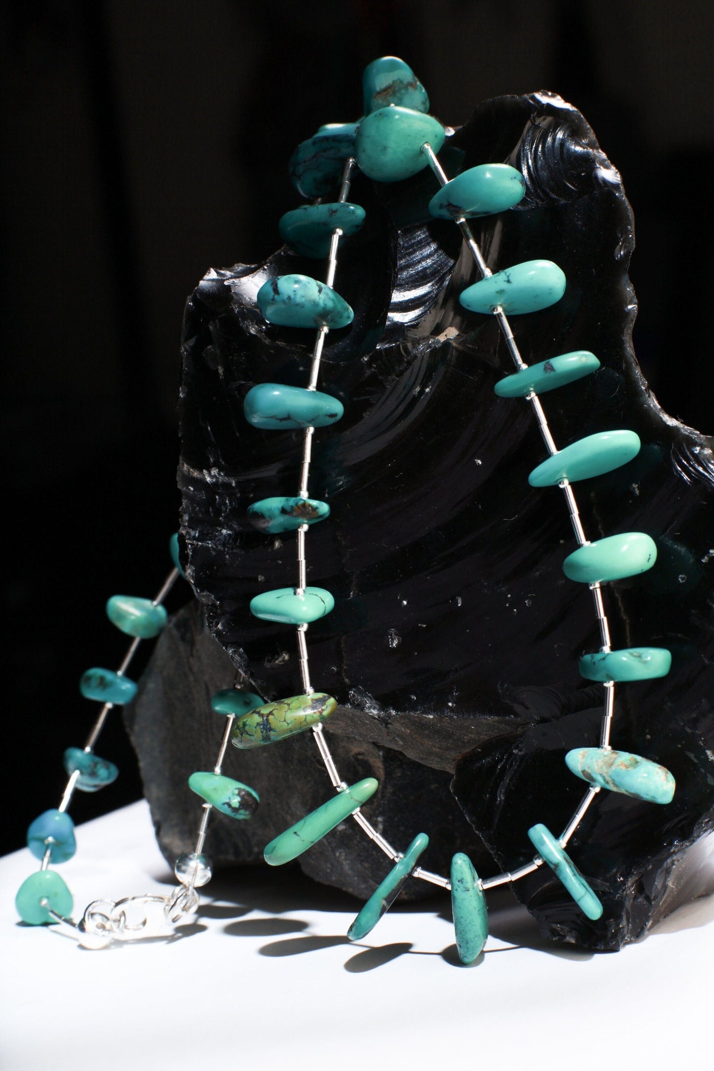 Natural Tibetan Turquoise Teardrop Necklace with 925 Sterling Silver Clasp and Liquid Silver 21" Navajo Fetish Necklace