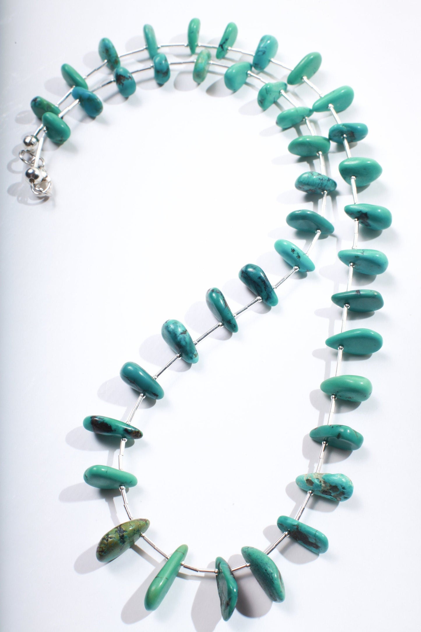 Natural Tibetan Turquoise Teardrop Necklace with 925 Sterling Silver Clasp and Liquid Silver 21" Navajo Fetish Necklace