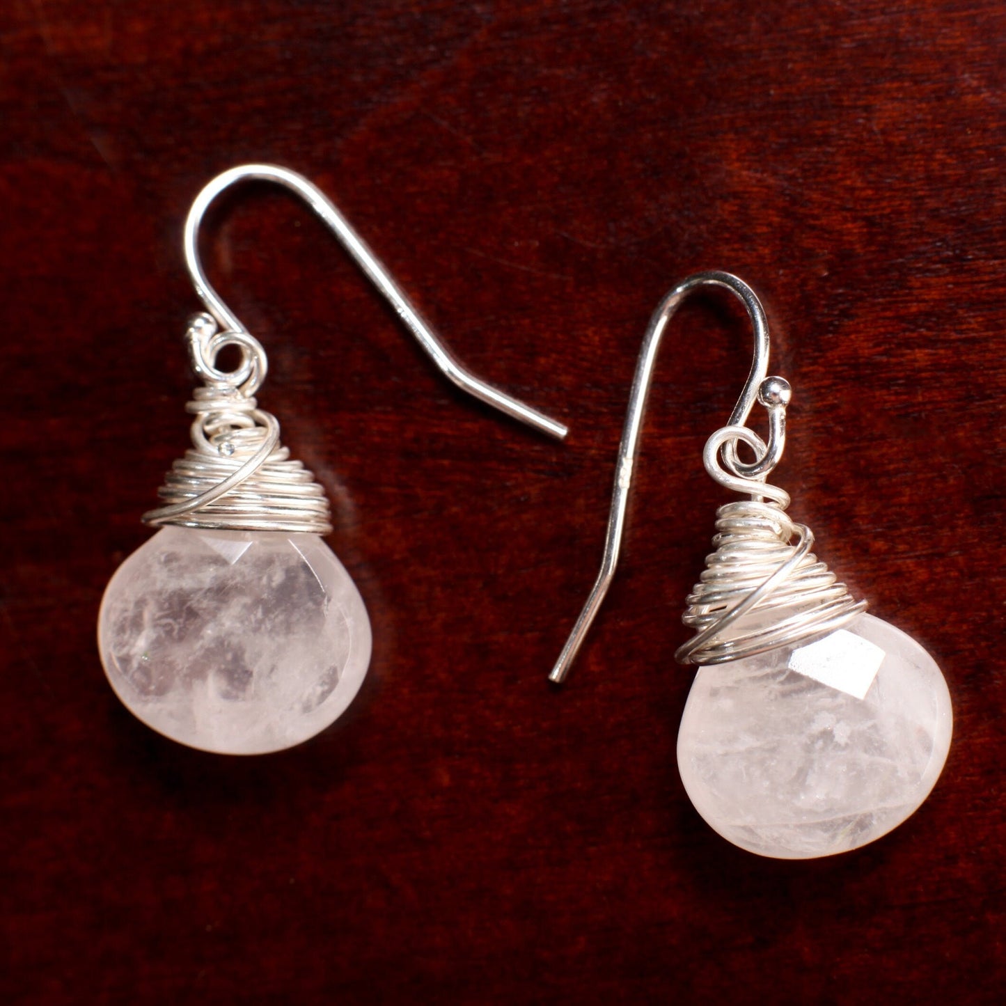 Natural Madagascar Rose Quartz Faceted Teardrop Wire Wrapped Rose Quartz 12mm Drop in Sterling Silver Leverback or Earwire