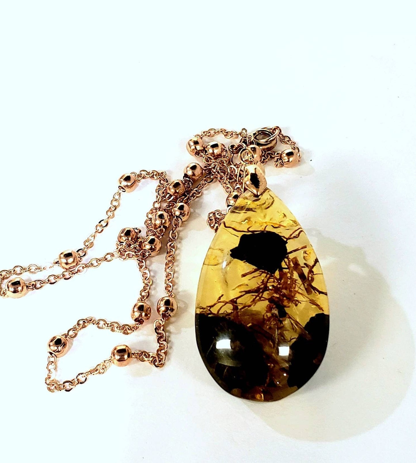 Honey yellow resin faux Amber,inside matrix large teardrop pendant with gold plated 22" chain necklace for Man and Woman gift.