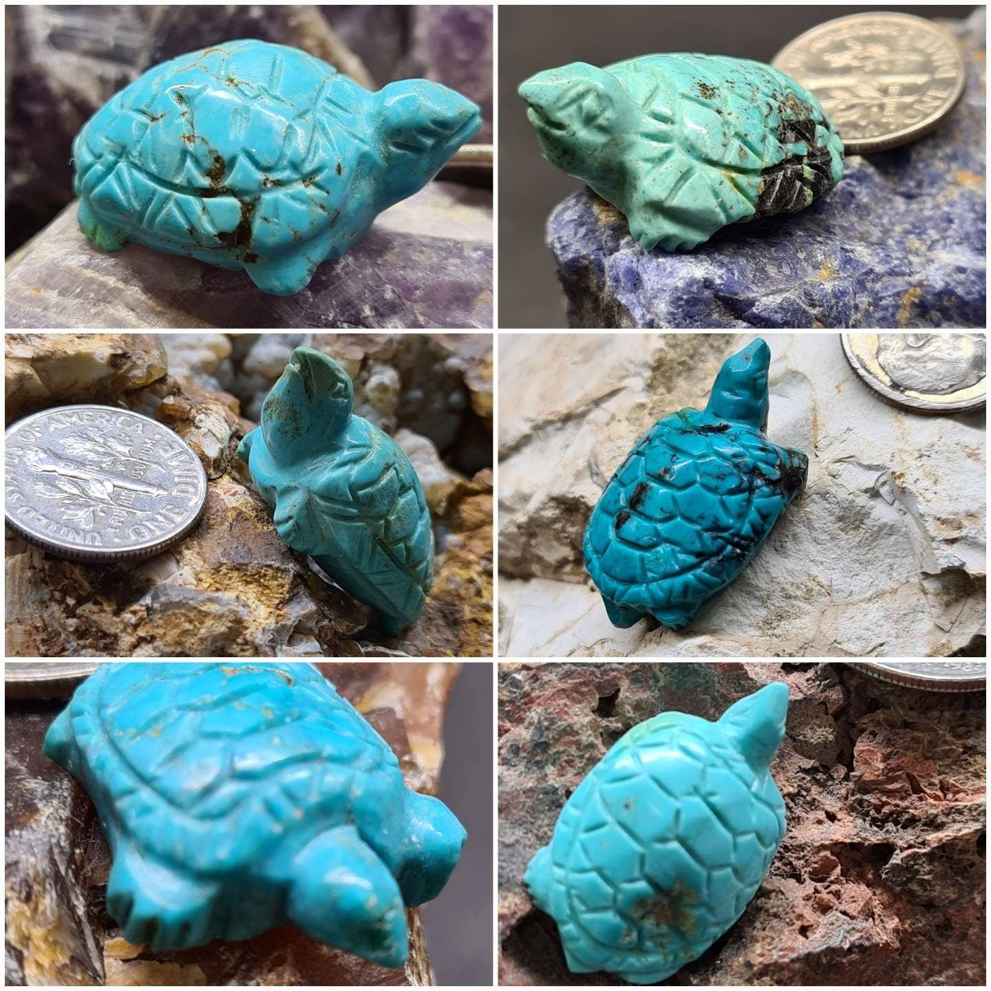 Hand Carved Natural Turquoise Sea Turtle Totem, Miniature Animals Collectible Figurines Vintage Sculpture, Old Stock