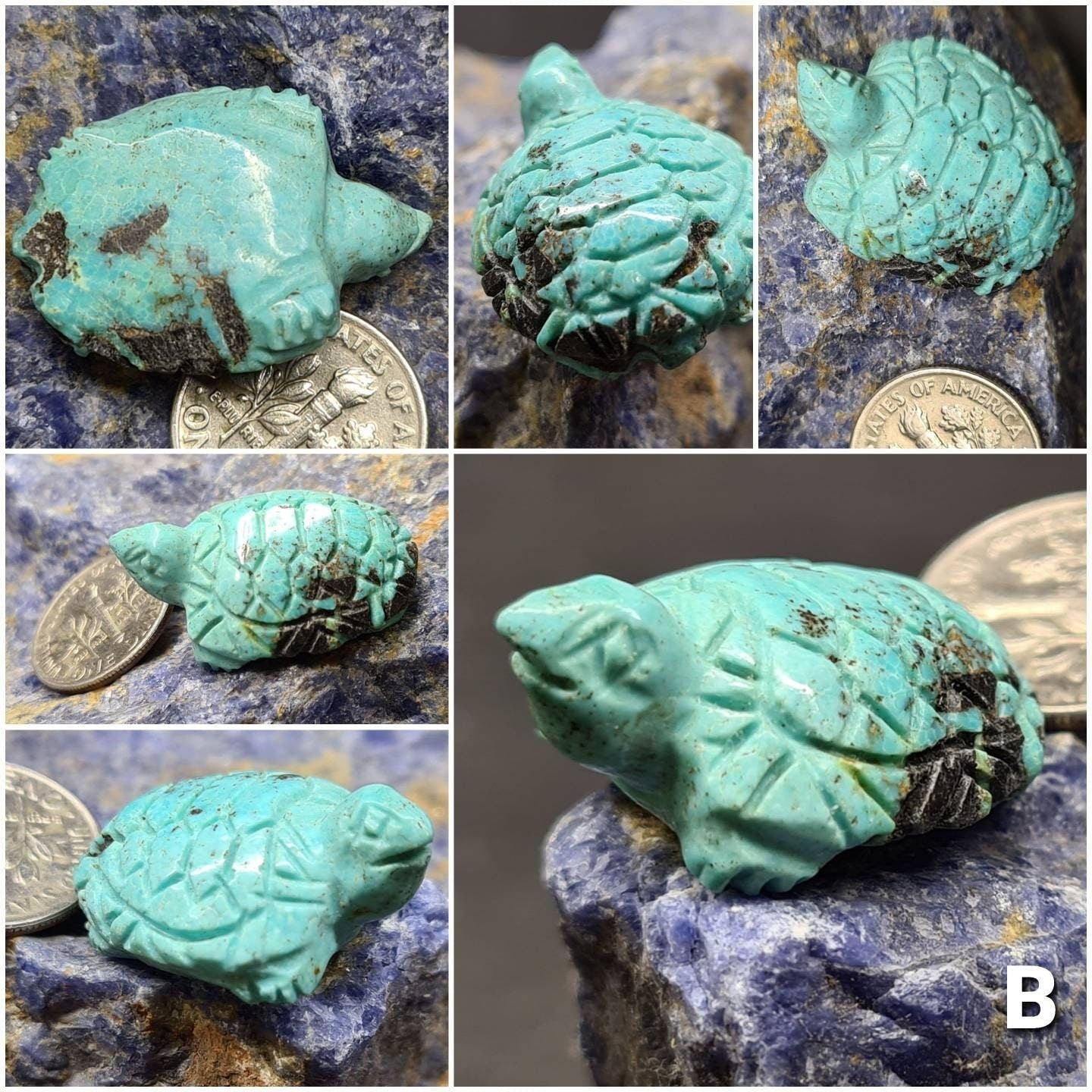 Hand Carved Natural Turquoise Sea Turtle Totem, Miniature Animals Collectible Figurines Vintage Sculpture, Old Stock