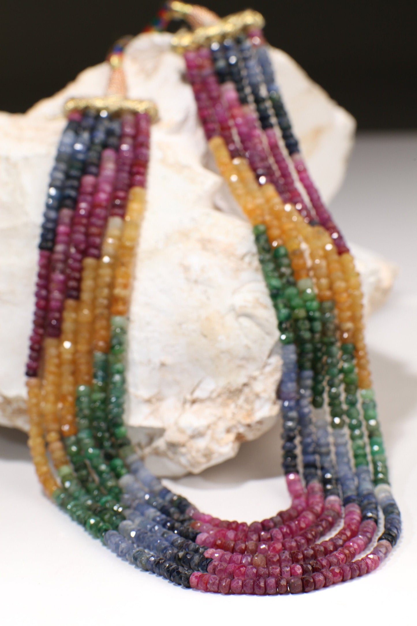 Natural Multi Sapphire 6 Line 3.5mm Faceted Roundel Gemstones 16.5" Adjustable Necklace
