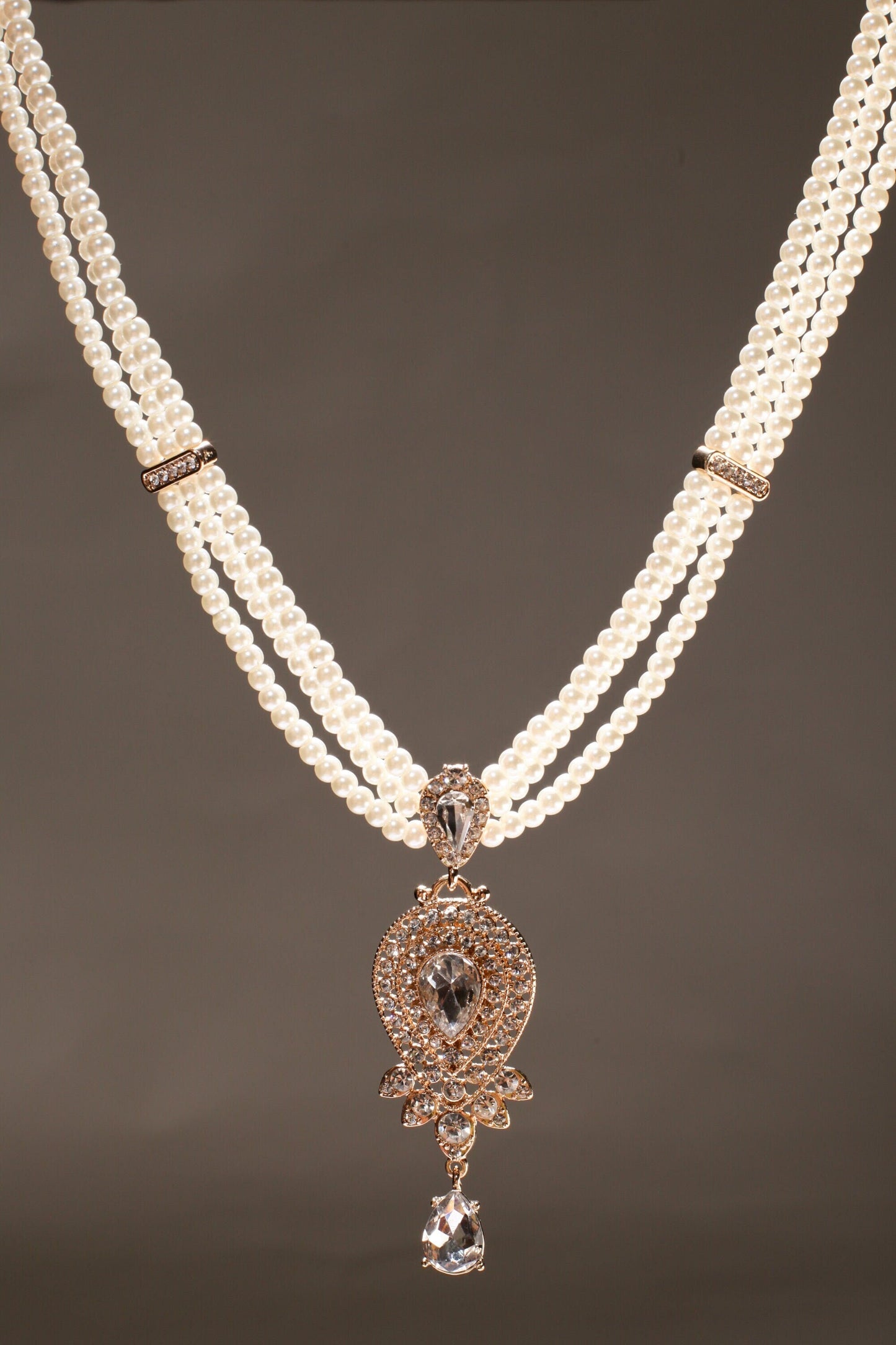 3 Line Pearl Necklace, CZ cubic. Zirconia Fancy Gold Pendant Bridal Necklace 17.5" with Extension
