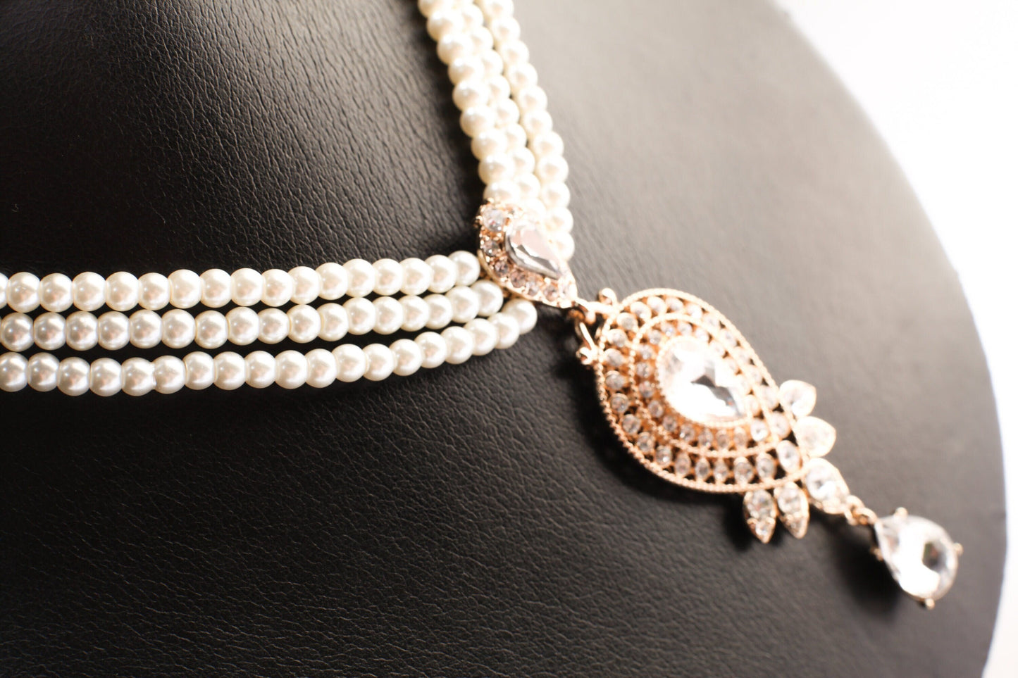 3 Line Pearl Necklace, CZ cubic. Zirconia Fancy Gold Pendant Bridal Necklace 17.5" with Extension