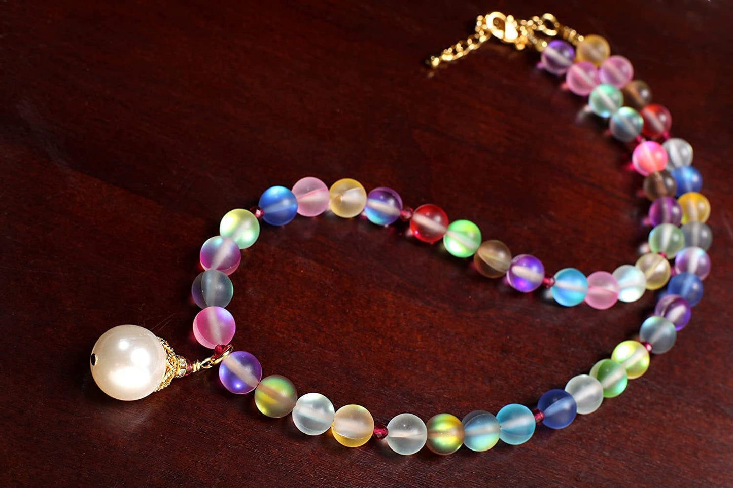 Matte multi color sea Glass, Mermaid bead ,South Sea Seashell White Pearl pendant,Red Spinel Faceted Spacers Necklace plus 2" Extension